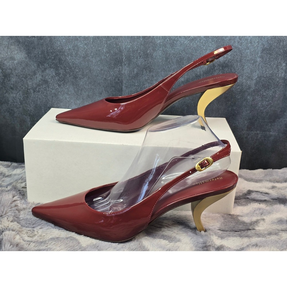 NEW Reformation Cassie Slingback Pump‎ Red Patent Gold Sculptural Heel Size 10